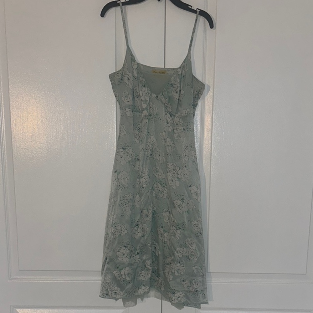 Free People Satin Green Floral Mini Slip Dress Spaghetti Strap
